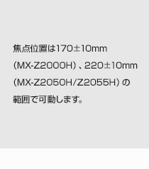 焦点位置は170±10mm（MX-Z2000H）、220±10mm（MX-Z2050H/Z2055H）の範囲で可動します。