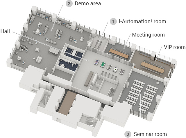 1 i-Automation! room, 2 Demo area, 3 Seminar room, Hall, Meeting room, VIP room