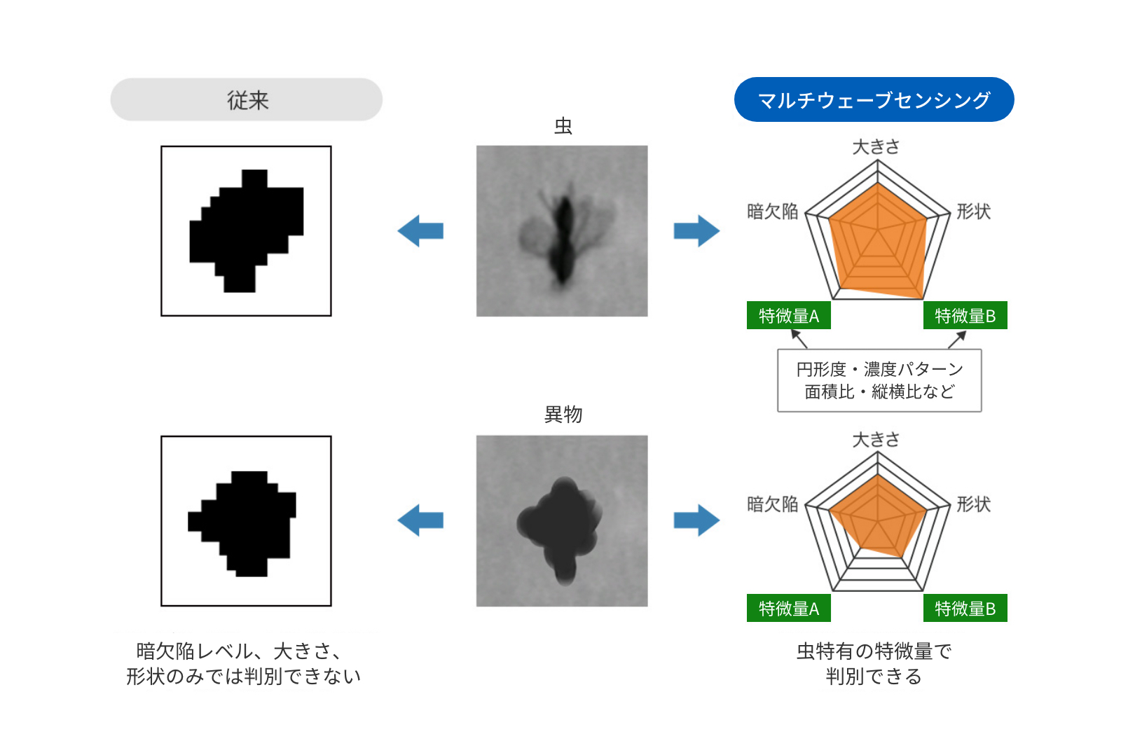 有害な暗欠陥を独自の特徴量で判別