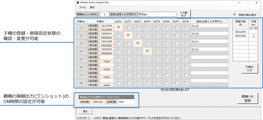 子機の登録・削除設定状態の確認・変更が可能 / 親機の制御出力（ワンショット）のON時間の設定が可能