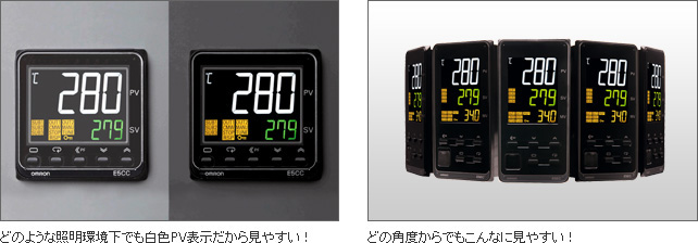 どのような照明環境下でも白色PV表示だから見やすい！ どの角度からでもこんなに見やすい！