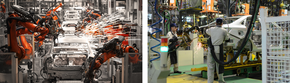 自動車工場には、最先端の生産技術が投入されている