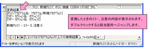 変換したときのエラー、注意の内容が表示されます。ダブルクリックすると該当箇所へジャンプします。