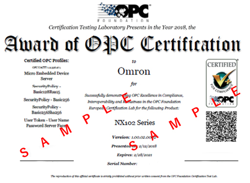 OPC UA認定書