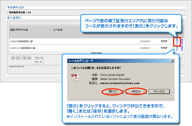 ページ下部の修了証発行エリア内に発行可能なコースが表示されますので「表示」をクリックします。