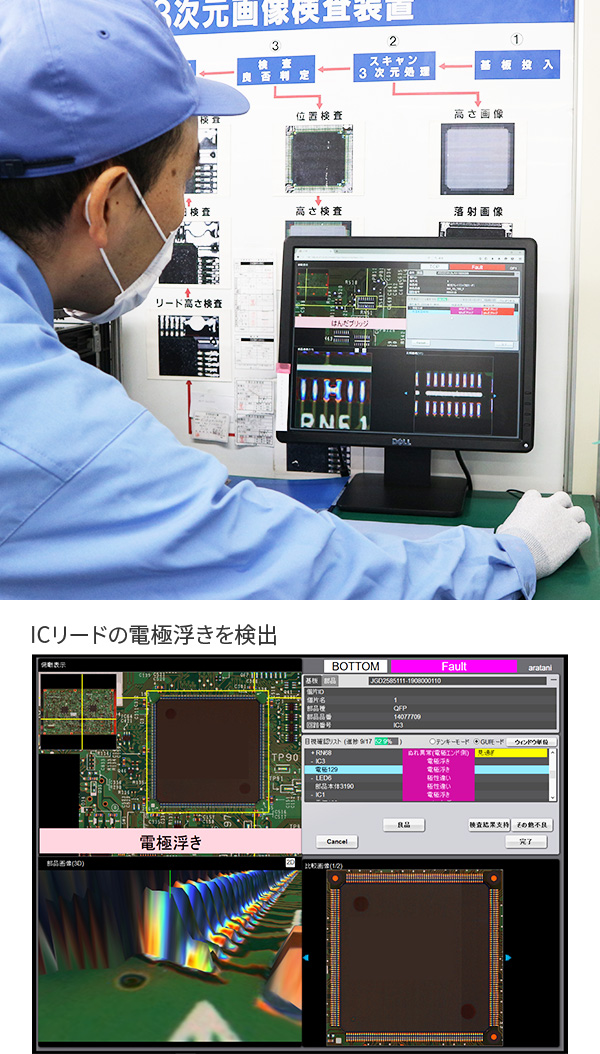 作業者はVT-S730の「NG」指摘箇所の位置と画像をモニタで確認し、「OK（虚報）」または「NG（実不良）」を判断できる