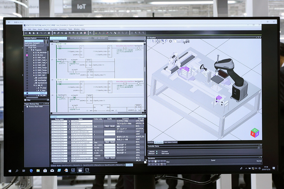 プログラマブルコントローラとロボットを統合した制御を、実機なしで設計・運用できるシミュレーションを実現。工程設計や設備設計の期間を短期化